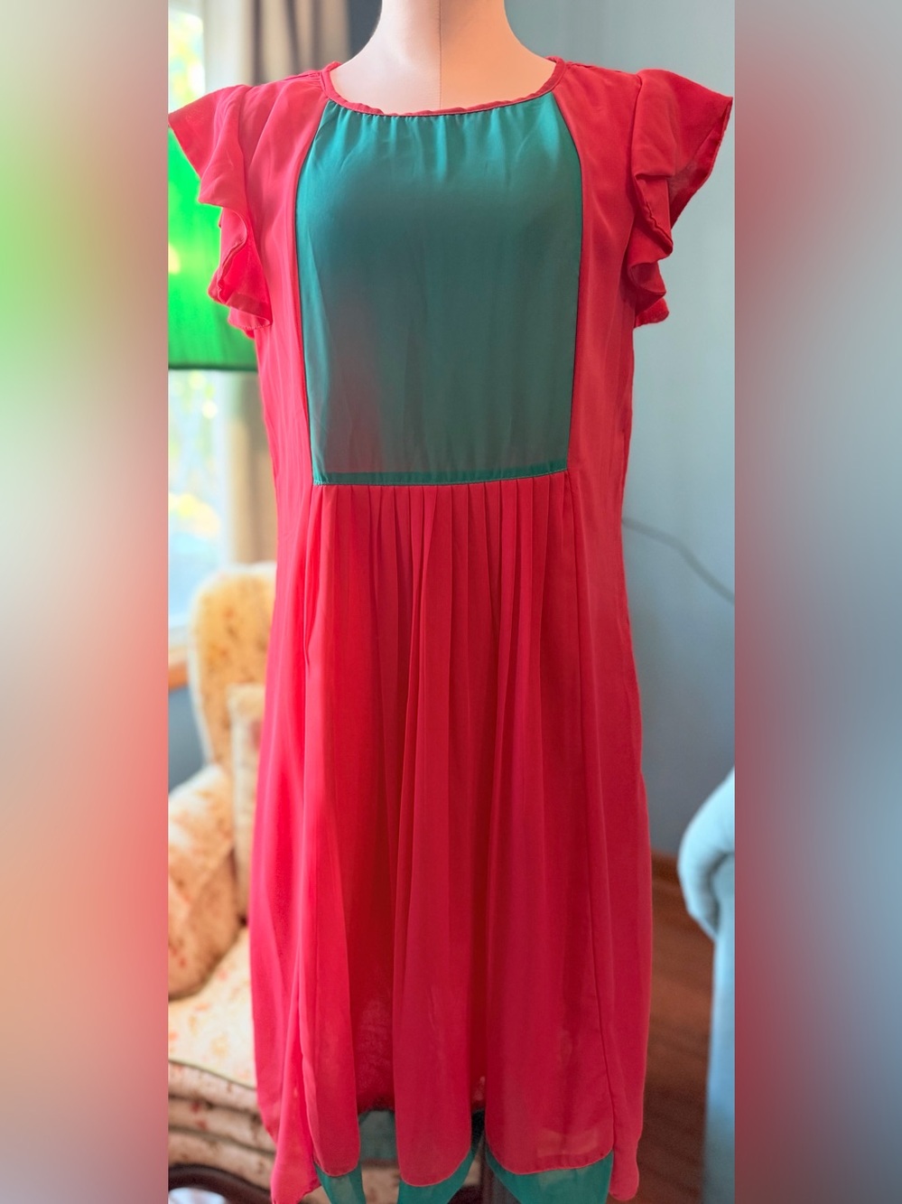 Almatrichi Coral Pink Chiffon Dress with Teal Front Panel Sz 40 (US 8)